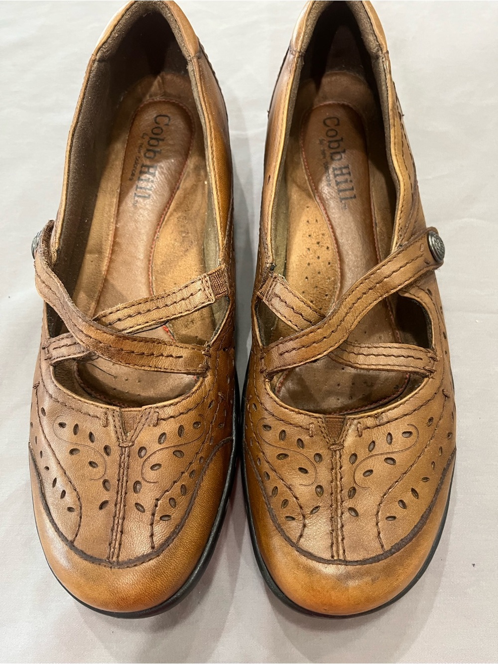 Cobb Hill Tan Leather Mary Jane Flats with Perforated Detail